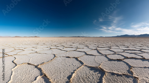 A vast salt flat stretching into the distance with cracked earth patterns and a clear blue sky overhead.