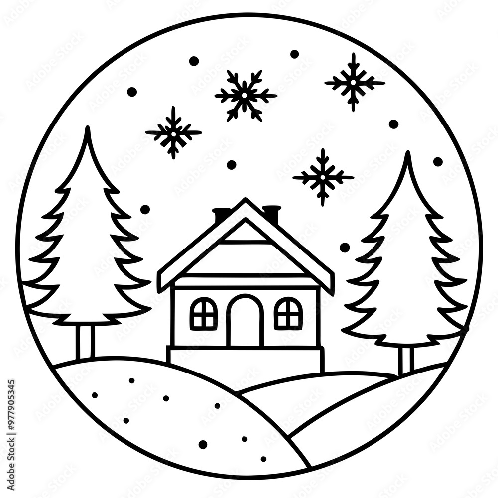 Winter Cabin and Snowy Forest Vector Winter Cabin and Snowy Forest Vector