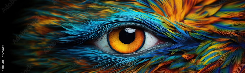 Fototapeta premium Vibrant eye of a fantastical creature captured amidst swirling colors and abstract patterns, showcasing the beauty of imagination