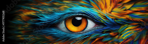 Vibrant eye of a fantastical creature captured amidst swirling colors and abstract patterns, showcasing the beauty of imagination