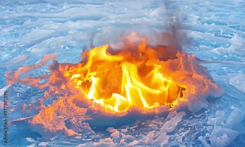 A top-down view of bright flames emerging from a hole in a blue icy surface. The contrast between the intense fire and the cold ice, striking visual effect, emphasizing the power of opposing elements