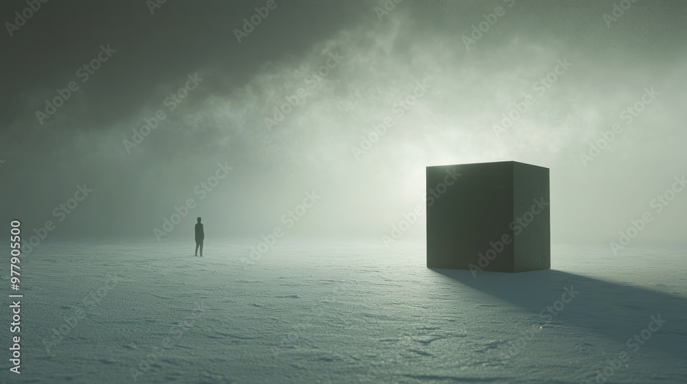 A solitary figure stands before a large, black cube in a foggy, desolate landscape. A solitary figure stands before a large, black cube in a foggy, desolate landscape.