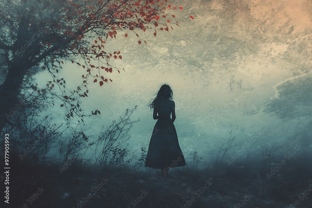 Silhouette of woman in long dress walking in a foggy forest, dramatic, fantasy, gothic, mystery