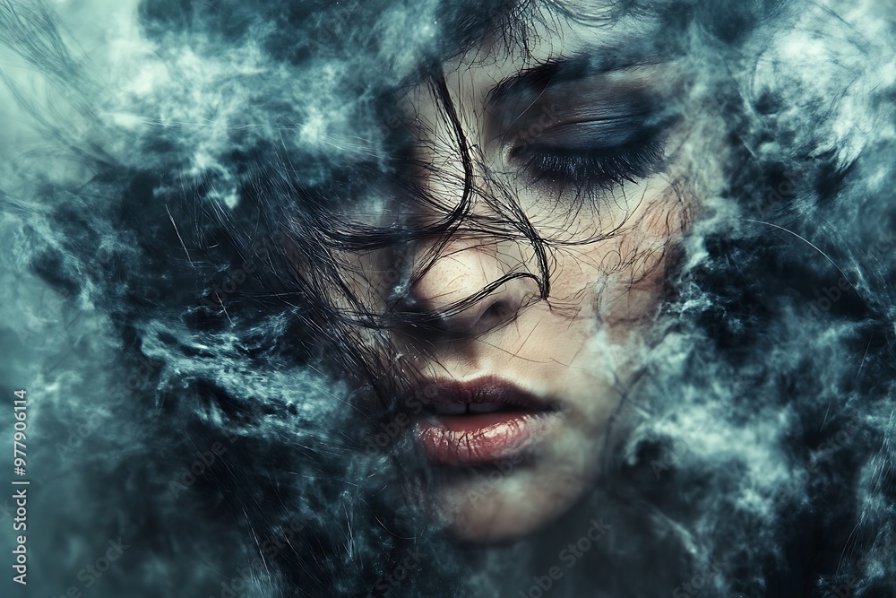 Woman's face surrounded by abstract smoke and fog. Mystical concept art Woman's face surrounded by abstract smoke and fog. Mystical concept art