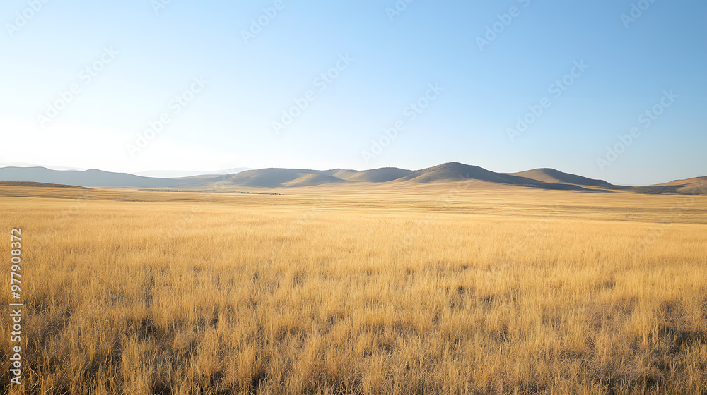 A wide-open prairie with golden grass swaying in the wind and distant hills under a clear sky.