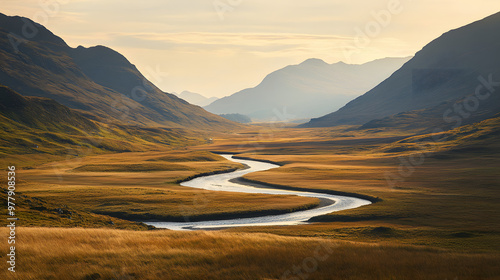 A wide valley between two mountain ranges with a meandering river glowing under the golden light of late afternoon. photo