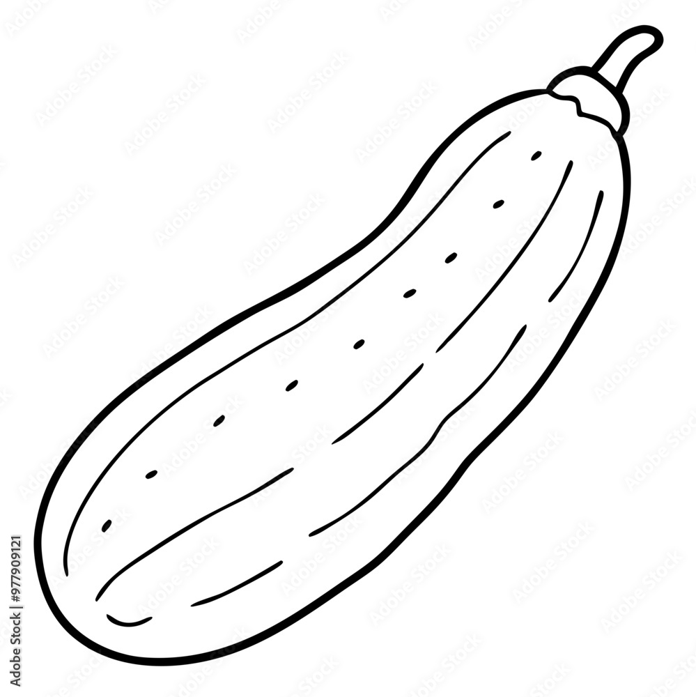 A cucumber is drawn in black and white. The cucumber is long and thin, with a green stem at the top. The drawing is simple and clean, with no other elements or distractions