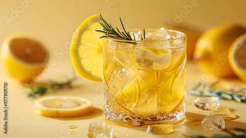 Lemon cocktail with ice, rosemary, and lemon slices on yellow background, vibrant and refreshing, perfect for summer drink banners, cocktail photography, or beverage marketing with copyspace 