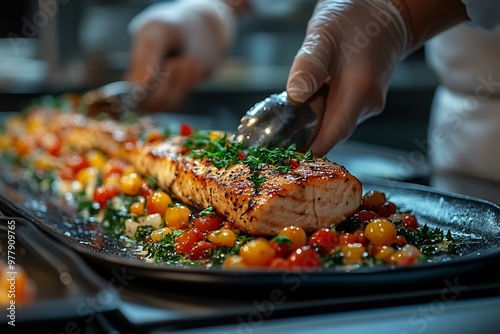 Professional chef using metal tongs to arrange seared salmon fillet with colorful tomatoes on a black platter in a commercial restaurant kitchen environment.