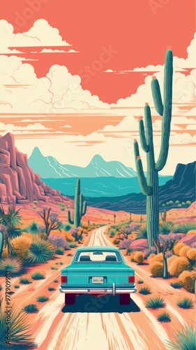 Vintage desert road trip illustration