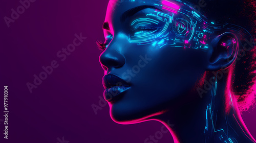 Futuristic tribal fusion portrait with neon cybernetic enhancements. Cybernetic Enhancements. Illustration photo