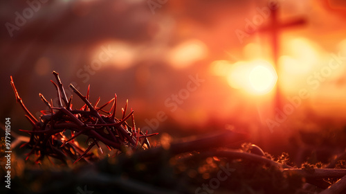 Against the backdrop of a crimson sunset, the cross and crown of thorns represent the agony and sacrifice of Jesus Christ, as well as the ideas of Passion Week, Lent, and Easter.