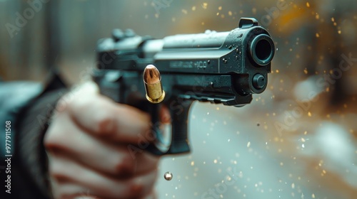 A handgun with a flying bullet. A hand holding a gun on a blurry background photo