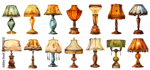 Vintage lamp designs in various styles and colors isolated on transparent background