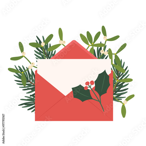 red envelope with blank card decorated with fir, mistletoe, holly berry twigs; concept of writing christmas wishes - vector illustration