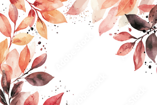 An autumn leaves flat lay with yellow and red borders on white paper. A floral greeting card mockup. Back to school.