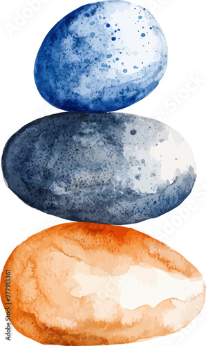 A watercolor stack of stones on a white background. An icon depicts the contour of the stones. Conceptual illustration. Minimalist handpainting. photo