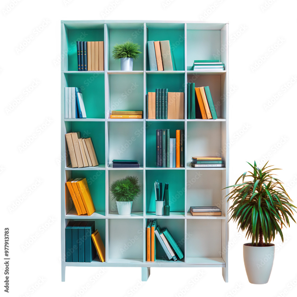 A Mid-Century White and Blue-Green Bookshelf with Orange Books, Isolated on Transparent Background, PNG A Mid-Century White and Blue-Green Bookshelf with Orange Books, Isolated on Transparent Background, PNG