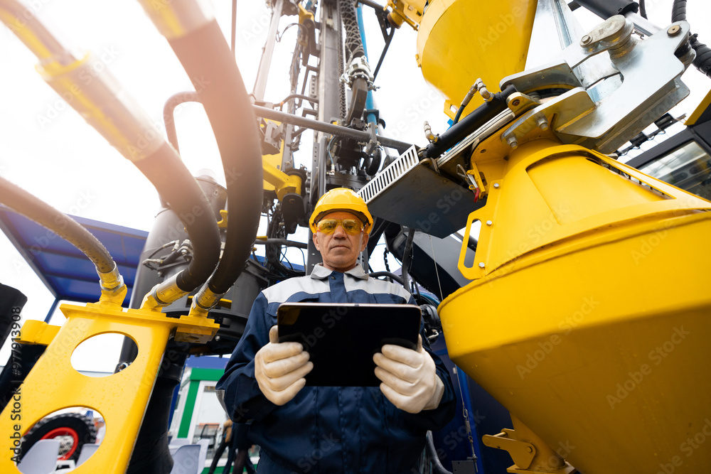 Fototapeta premium Industry operator use computer tablet for control drilling rig for exploration of minerals for oil, gas and artisan water