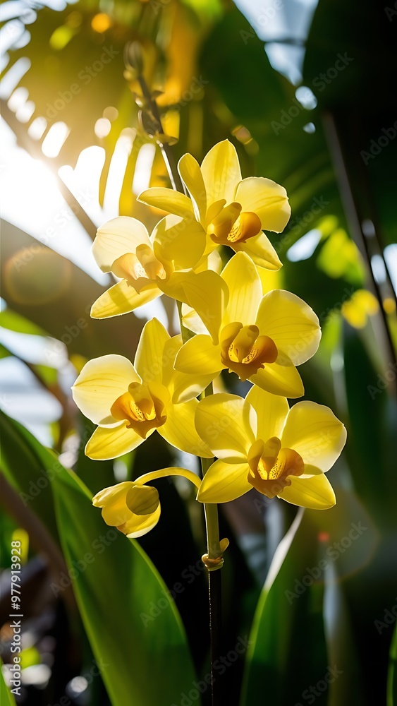 Obraz premium Bright yellow orchid growing on stem in bright sunlight