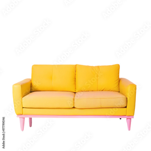 A Yellow Mid-Century Couch, Cozy Sofa, With two Brown Cushions, Isolated on Transparent Background, PNG