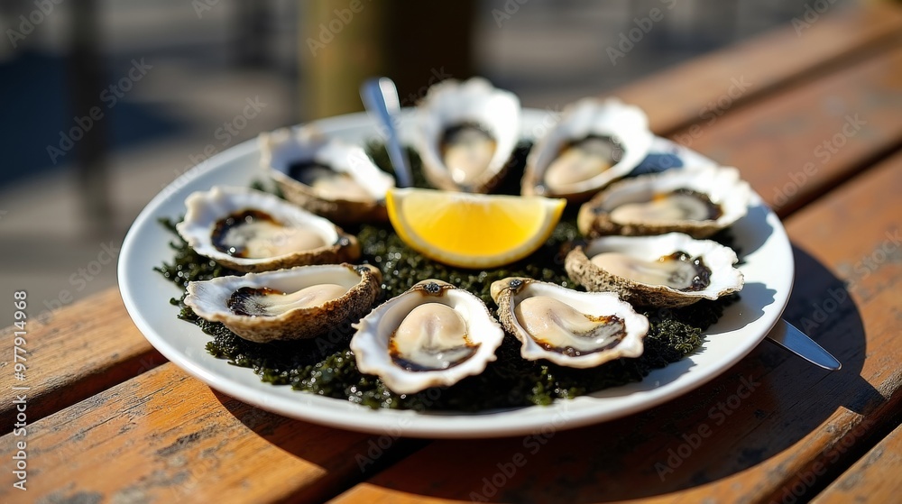 A plate of fresh oysters garnished with seaweed and a lemon wedge, ready to be savored in the sunlight on an outdoor table. A plate of fresh oysters garnished with seaweed and a lemon wedge, ready to be savored in the sunlight on an outdoor table.