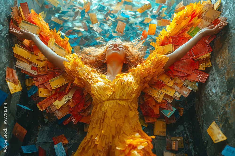 Obraz premium A person with wings made of credit cards, trying to fly but falling to the ground. Concept of financial overextension and the false sense of freedom through debt.