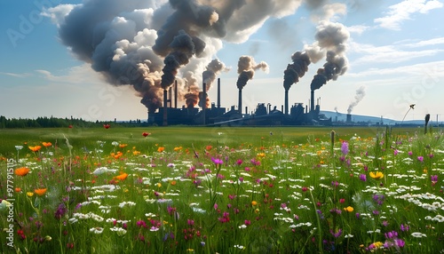 Contrast of Nature and Industry: Wildflower Field Meets Smoke-Emitting Factory photo