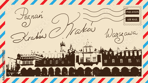 postcard with handwritten words city names Krakow Poznan Warsaw