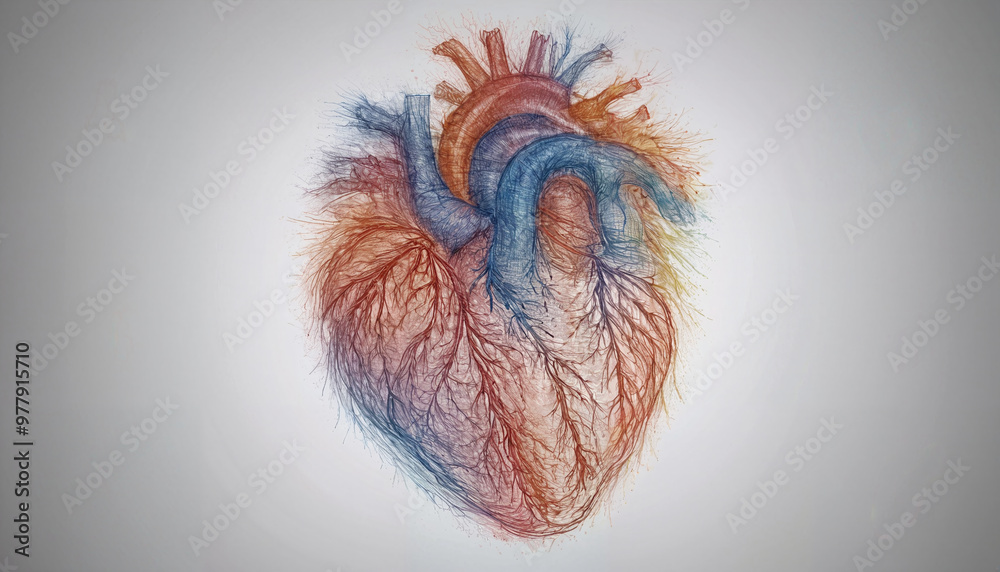 Illustrative depiction of a human heart in a colorful drawn style Illustrative depiction of a human heart in a colorful drawn style