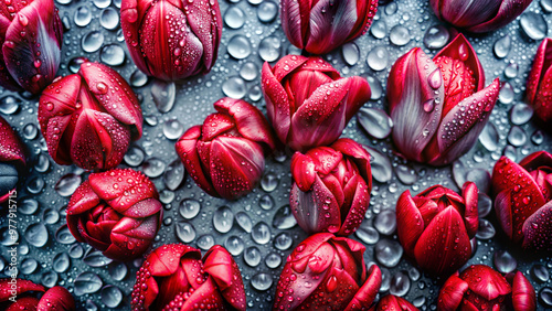 Red tulips in splashes of water on a gray metal background, abstract background photo