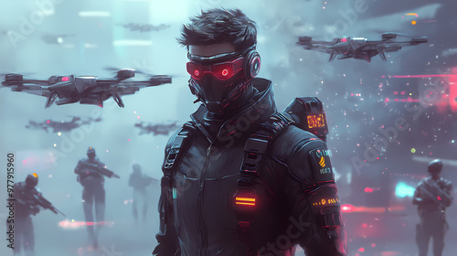 Mercenary leading a drone squadron in a corporate warfare scenario equipped with cybernetic enhancements. Cybernetic Enhancements. Illustration photo