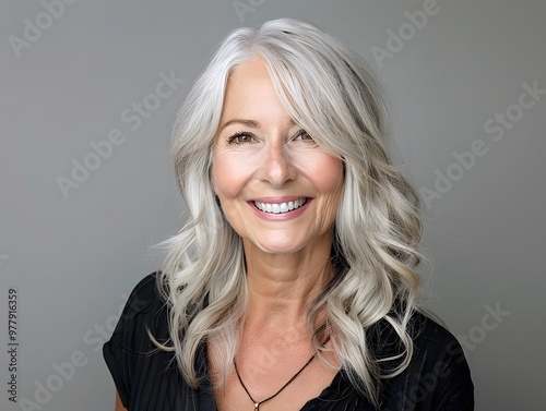 Radiant senior woman with silver hair smiling on a gray background