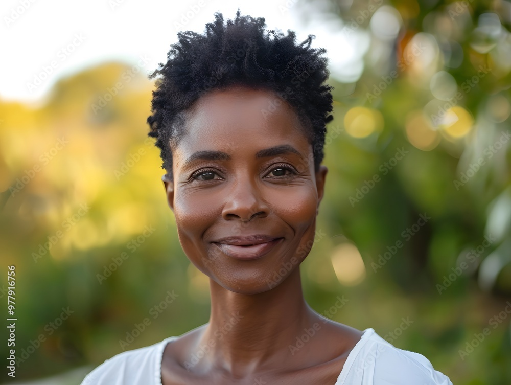 Smiling black woman with short hair looking at camera Smiling black woman with short hair looking at camera