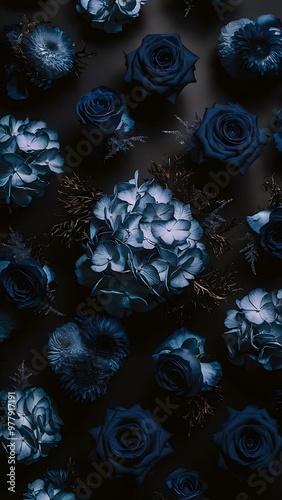 Dark blue flowers isolated, moody flowers bouquets, wedding flower arrangements, gothic style botanica decoration elements