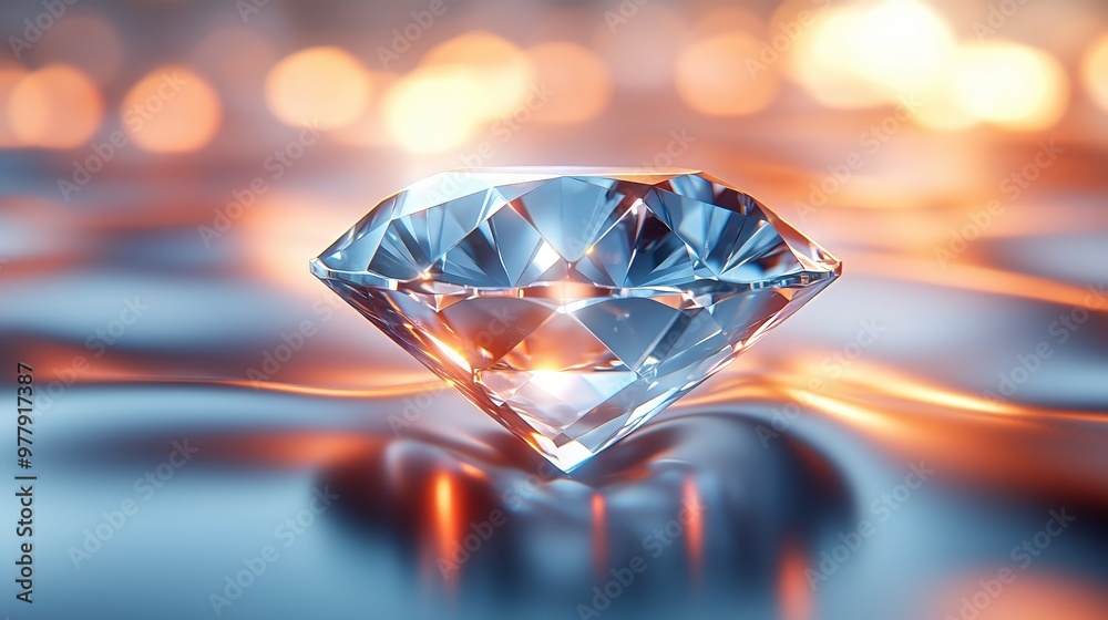 A close-up of an exquisitely cut diamond glistening on a reflective surface. A close-up of an exquisitely cut diamond glistening on a reflective surface.