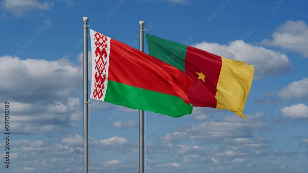 Cameroon and Belarus flags flying together, video concept of the relationship, two country relations concept Cameroon and Belarus flags flying together, video concept of the relationship, two country relations concept