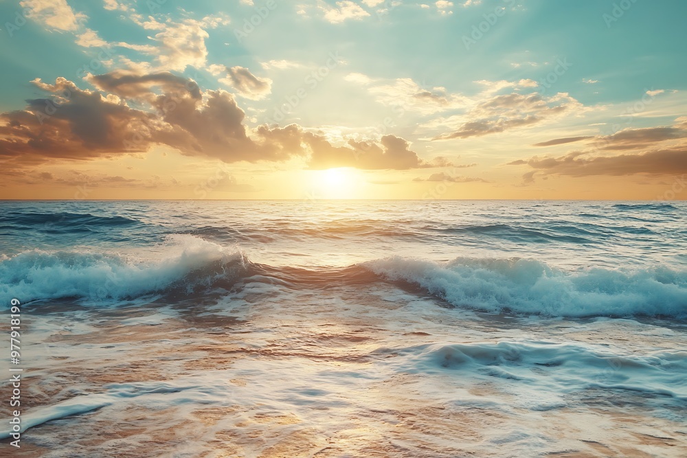 Beautiful Sunset Over the Ocean Waves, Dramatic Sky with Golden Light Beautiful Sunset Over the Ocean Waves, Dramatic Sky with Golden Light