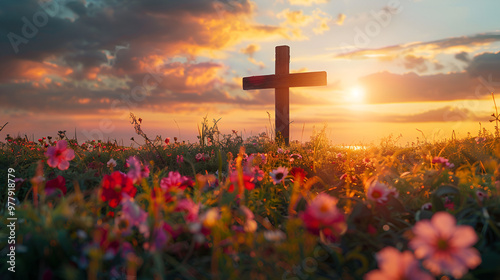 Christian crucifix amid a lovely flower-filled spring field