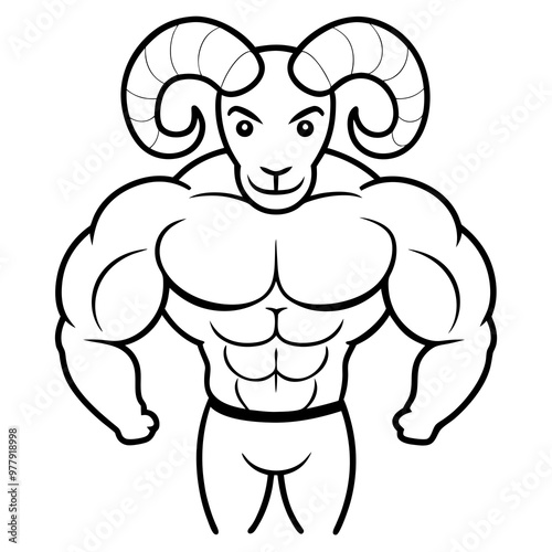 Ram with curved horns and a strong, muscular build line art vector