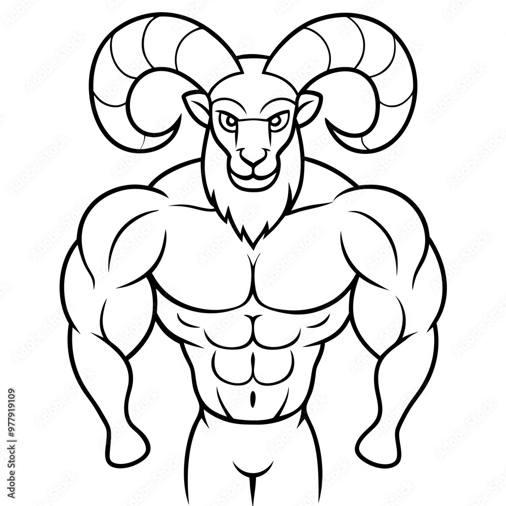 Ram with curved horns and a strong, muscular build line art vector Ram with curved horns and a strong, muscular build line art vector