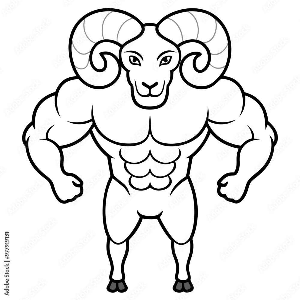 Ram with curved horns and a strong, muscular build line art vector Ram with curved horns and a strong, muscular build line art vector