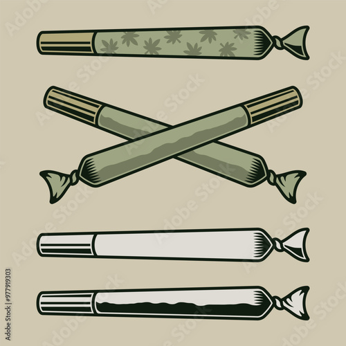 Marijuana rolled joints or cigarette with drug vector illustration. Set of colored objects or design elements on light background