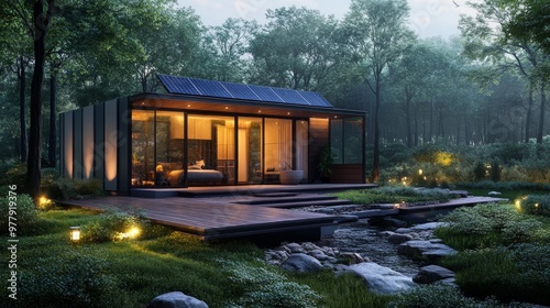 Modular cabin surrounded by lush forest, showcasing eco-friendly design and morning light