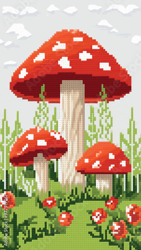 Pixelated mushrooms in nature scene