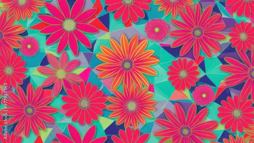Geometric pattern wallpaper in spectacular flowers, contrasting shades give a sense of retro waves style Geometric pattern wallpaper in spectacular flowers, contrasting shades give a sense of retro waves style