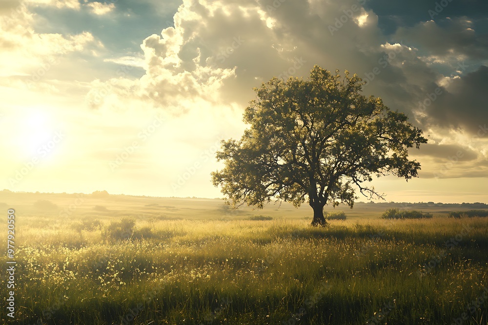 Obraz premium Lonely tree silhouetted against a vibrant sunset, a beautiful field of green grass and a stunning cloud formation
