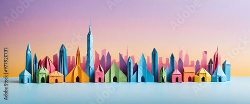 Illustrative depiction of a cityscape or skyline made of paper and designed against a bright background