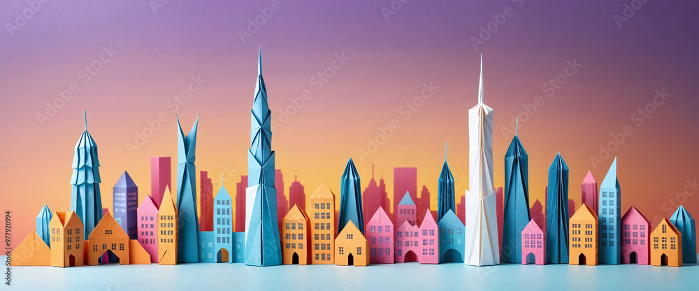 Illustrative depiction of a cityscape or skyline made of paper and designed against a bright background Illustrative depiction of a cityscape or skyline made of paper and designed against a bright background