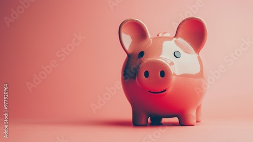 Pink ceramic piggy bank on a matching pastel background